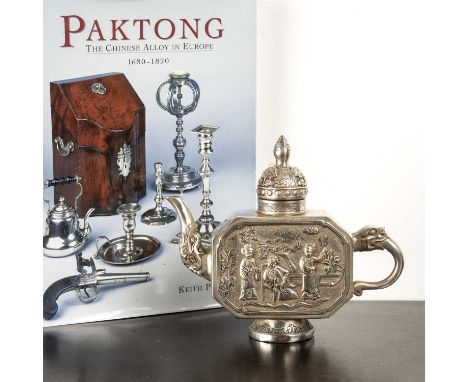 Paktong teapotChinese, of octagonal form with two panels of figures, 4 character mark to the base, 17cm high and Pinn, Keith 