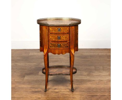 French marquetry side table of oval form, 19th Century, with brass galleried top, the top inlaid with flowers and leaves, abo