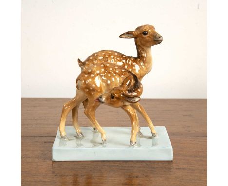 Doris Lindner (1896-1979) for Royal Worcester 'Young spotted deer', ceramic figure group, signed and stamped to the base, 12c