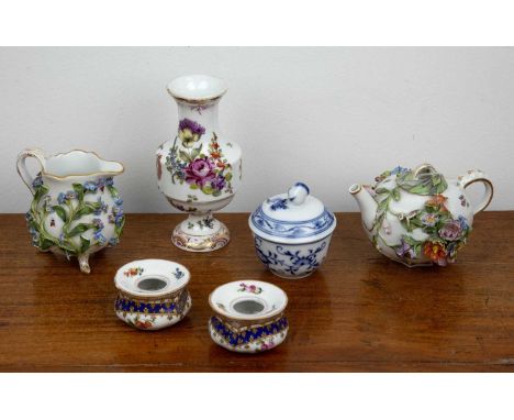 Small group of Meissen and other Continental porcelainto include a Meissen small teapot with encrusted flowers and a leaf fin