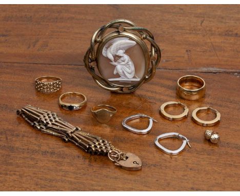 Collection of jewellery comprising of: a precious yellow metal bracelet stamped '9ct', the heart padlock clasp engraved 'From