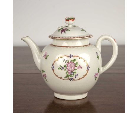 Porcelain teapot, probably Worcestercirca 1770, painted with panels of flowers and with flower finial, 19cm across x 16cm hig