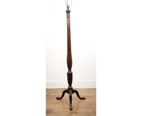 Mahogany lamp standardon tripod base, with wheat sheaf decoration, 165cm highFitting stamped 'Crabtree'. The plug/wire has be