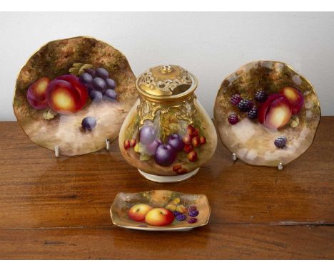 Collection of Royal Worcester ceramicsdecorated with fruit, the first a pot and cover signed by Edward Townsend, with puce ma