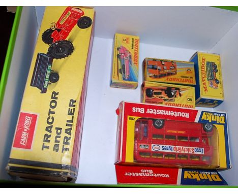 A small box of Matchbox series vehicles, Dinky Routemaster bus, and a Lone Star roadmaster tractor and trailer 