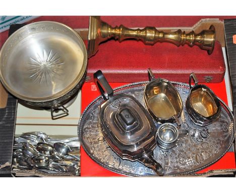 A box of miscellaneous items to include early 20th century silver plated three piece tea set on associated tray, turned brass