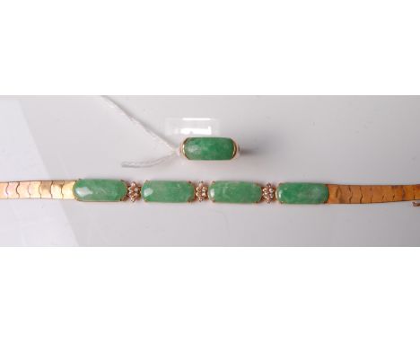 A jade and white hardstone bracelet and matching ring, the bracelet stamped 750 to one end, ring size P-Q, (20.8g) (2)
