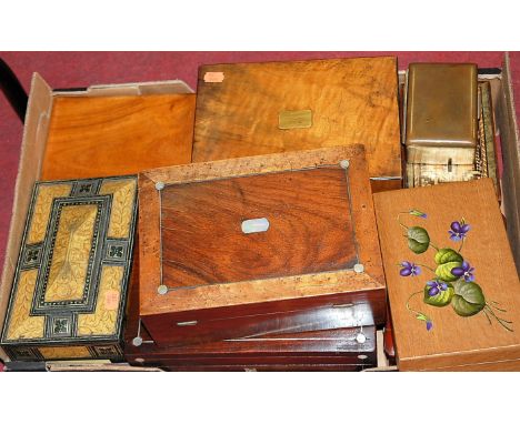 A Victorian walnut and mother of pearl inlaid ladies sewing box together with a lithograph printed tin, various other Victori