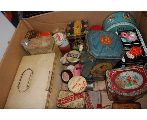 A box of assorted lithograph printed and enamelled tins, to include OXO examples