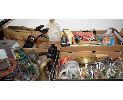 Three boxes of mixed effects, to include; pedestal wine glasses, brass table gong plate, pair of field binoculars, leaded gla