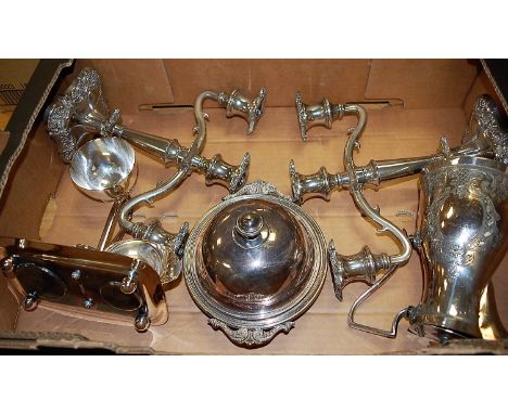 A box of miscellaneous silver plated ware, to include; pair of three sconce candelabra, muffin dish, cream jug etc 