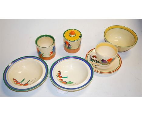 A collection of Clarice Cliff pottery effects, to include; pair of Crocus pattern cylindrical preserve pots (one cover only),