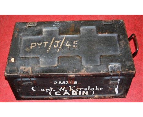 A metal twin handled hinge-top military cabin trunk, labelled Captain W. Kerslake and numbered 288389