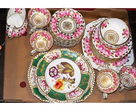 A 19th century ceramic gilt decorated and pink rose painted part tea set; together with two similar cabinet plates and a matc