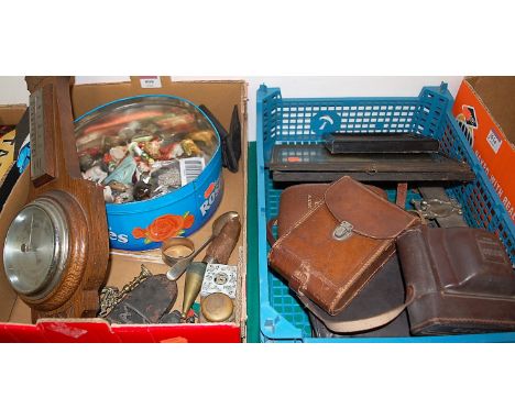 Two boxes of miscellaneous items, to include; early 20th century oak cased aneroid barometer, various animal figure ornaments