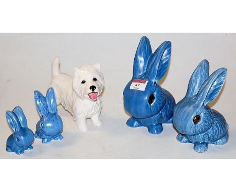 A graduated set of four Sylvac blue glazed rabbit figures, Nos. 1026, 1065, and 1067, the smallest having no number; together