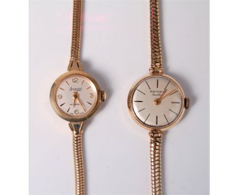 A lady's 9ct wristwatch with 9ct snake link style strap, (13.1g) and a lady's Rotary wristwatch (2)
