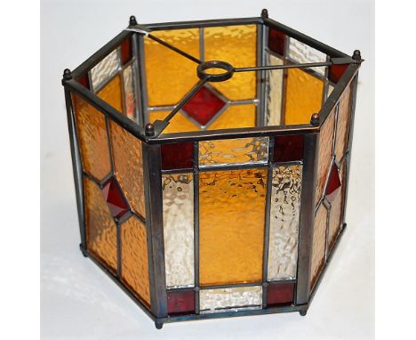 An Arts & Crafts style leaded glazed ceiling light fitting of hexagonal form Condition Report / Extra Information 22cm high. 