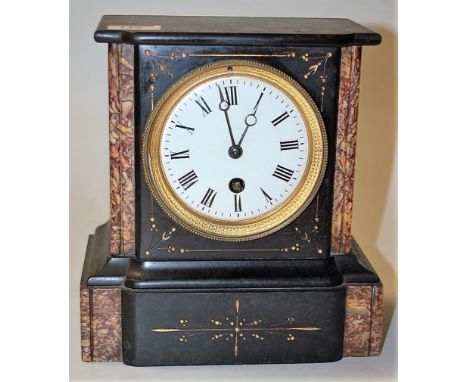 A late Victorian black slate and marble mantel clock, having enamelled dial with Roman numerals, with cylinder movement, h.20