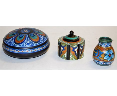 A Gouda pottery jar and cover; together with a Gouda pottery squat vase; and an inkwell and cover (3)   Condition Report / Ex