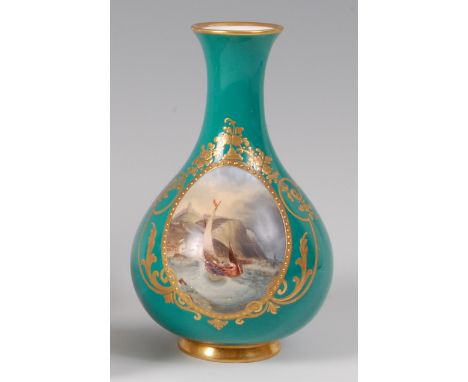 A Kerr & Binns Worcester porcelain vase, of baluster form, having a polychrome decorated reserve of coastal shipping scene wi