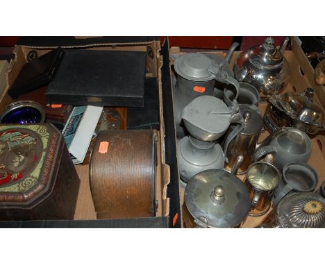 Two boxes of miscellaneous items, to include; 19th century pewter jug, silver plated coffee pot, 1930s oak cased mantel clock