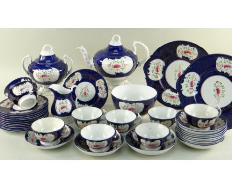 STAFFORDSHIRE GAUDY WELSH 'FEATHER' PATTERN CHINA TEA SERVICE FOR TWELVE, comprising teapot, sucrier, milk jug, slops bowl, 2