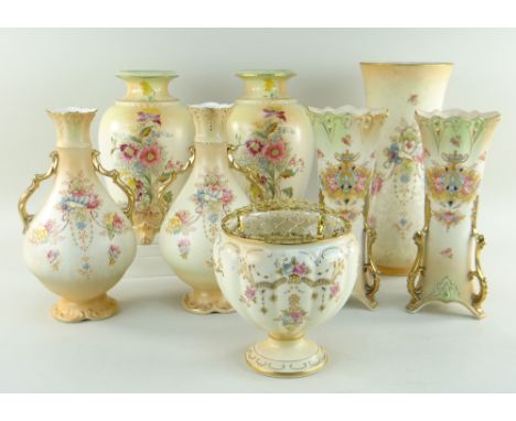 COLLECTION OF BLUSH IVORY CHINA, comprising a pair of Wiltshaw &amp; Robinson Carlton Ware ovoid vases, six Fieldings Crown D