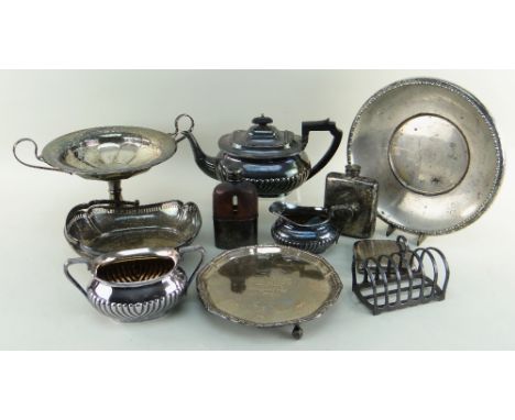 ASSORTED SILVER & PLATE; including a presentation silver waiter, Sheffield 1910, 21cm diam., silver engine turned and initial