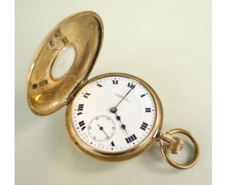 9CT GOLD HALF HUNTER POCKET WATCH having stepped enamel dial with Roman numeral chapter ring with subsidiary seconds dial, 84