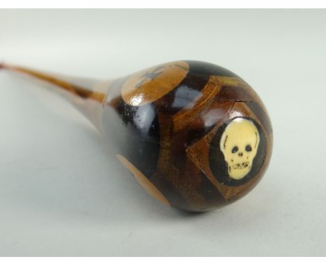 EDWARDIAN SPECIMEN WOOD WALKING CANE, swollen handle with Maltese cross and red wax/silver metal shileds, top with inlaid sku