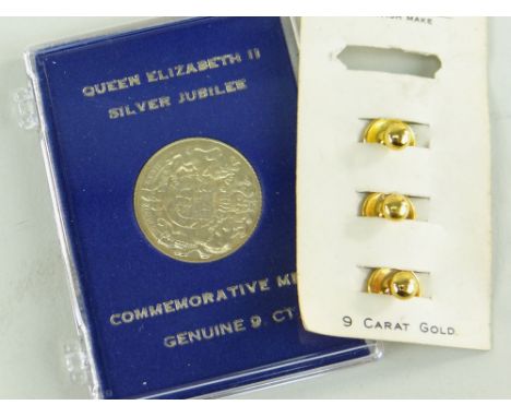 QUEEN ELIZABETH II 9CT GOLD SILVER JUBILEE COMMEMORATIVE MEDAL, 2.5gms, with certificat of authenticity together with three 9