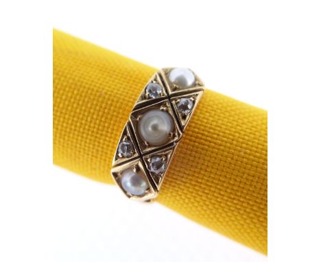YELLOW METAL PEARL &amp; DIAMOND MOURNING RING, engraved to shank 'died 4th June 1890', ring size K, 3.0gms, in black square 