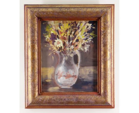 ANDREW DOUGLAS FORBES oil on board - still life of flowers in a glass pitcher, 24 x 19cms