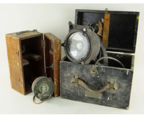 SESTREL BOXED HAND HELD MARINE COMPASS and a vintage naval / marine hand held search light, in associated box bearing painted