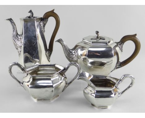 WILLIAM IV IRISH SILVER FOUR-PIECE TEA &amp; COFFEE SERVICE, Dublin 1832, maker IN possibly John Nicklin, of tapering panelle