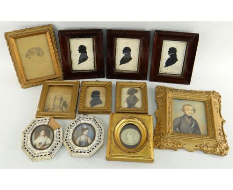 COLLECTION OF SILHOUETTES &amp; MINIATURES, including early 19th Century wax profile portrait medallion, five silhouettes, on