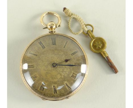 14K GOLD OPEN FACED POCKET WATCH the dial florally decorated with Roman numeral chapter ring, with watch key, 51.3gmsThe case