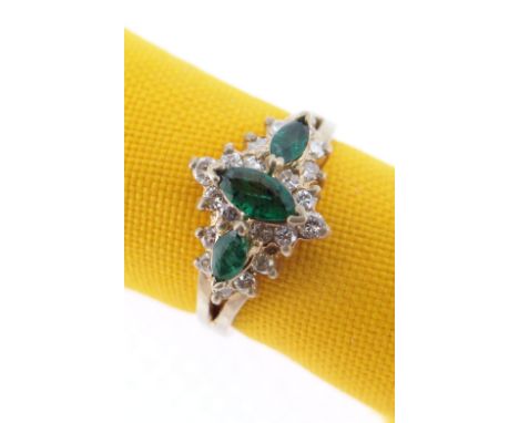 14K YELLOW GOLD EMERALD &amp; DIAMOND RING, the three marquise shaped emeralds surrounded by twenty diamonds, ring size L, 3.