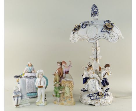GERMAN PORCELAIN FIGURAL TABLE LAMP, with dancing children on the base and lithophane dome shade, 50cms high together with fo