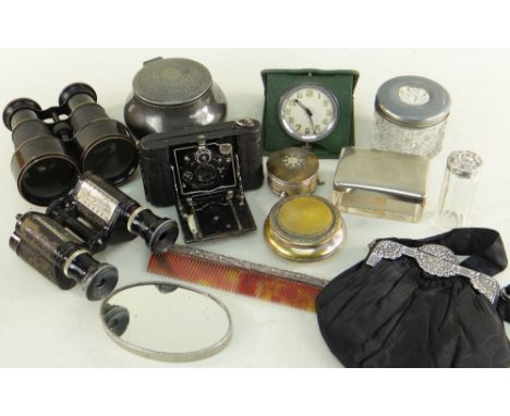 ASSORTED SILVER &amp; OTHER COLLECTABLES comprising dressing table jars, silver comb, vintage purse, Huet of Paris binoculars