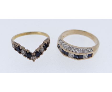 TWO SAPPHIRE &amp; DIAMOND RINGS comprising 9ct gold angular ring and yellow metal wishbone ring, 5.4gms overall, in black sq
