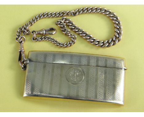 9CT GOLD CALLING CARD CASE of curved rectangular form, engraved with initials with 9ct gold graduated curb link chain, 73.8gm