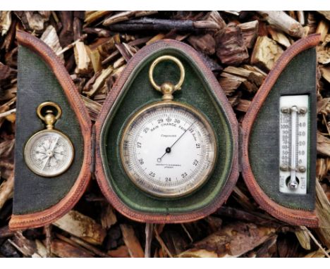 RARE CASED NEGRETTI & ZAMBRA TRAVEL SET, the easel pear shaped case opening to reveal three sections comprising barometer-alt