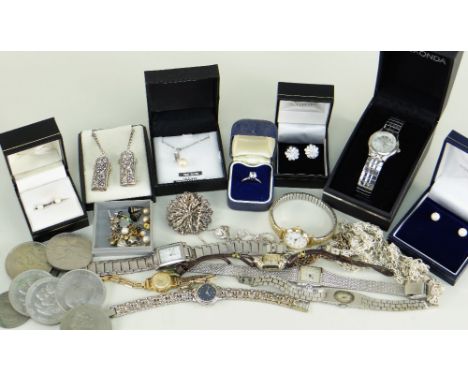 ASSORTED JEWELLERY, SILVER, COINS &amp; WATCHES comprising 14k gold semi-precious single stone ring, various ladies wristwatc