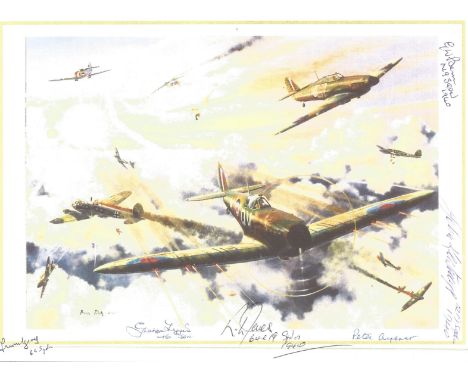Battle of Britain 12x8 print fixed to card signed by six pilot and crew names include Trevor Gray 64 Sqn Battle of Britain fi