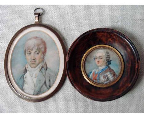 A 19th century Portrait Miniature on ivory depicting a gentleman in a light blue coat and white shirt, bust length facing fro