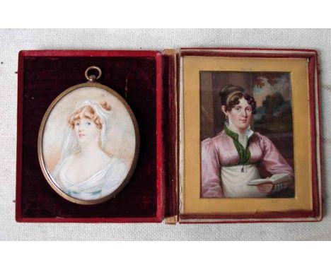 A 19th century Portrait miniature on ivory depicting a young woman with book in her left hand, in a pink dress with white apr