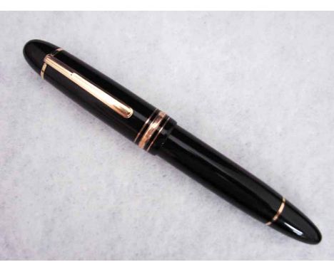 A Mont Blanc Meisterstuck Fountain Pen, model number 149, black case with gilt metal fittings, 14ct white and yellow gold nib