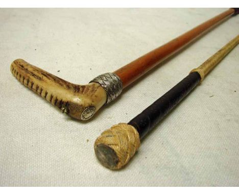 A Swaine and Adeney flexible Riding Crop 80cm long and a Swain horn handled and white metal plaited Hunting Crop 69cm long 